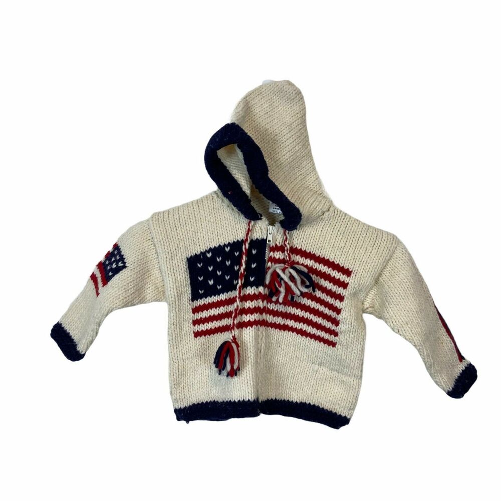 American Flag Cardigan Sweater Otavalo Unisex Kids Off White Zip Up Size XS/S